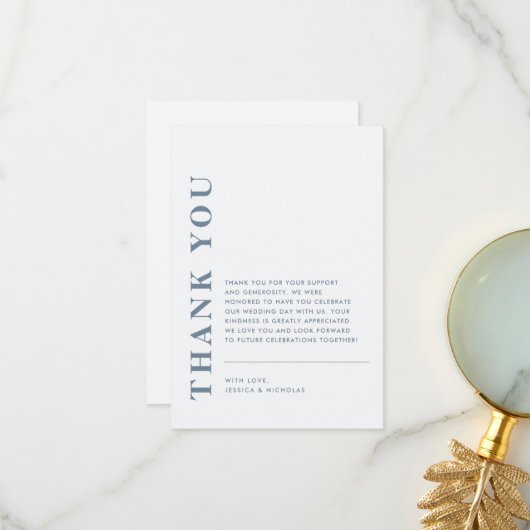 Minimale moderne QR-code blauw & wit bruiloft Bedankkaart (Voorkant / Achterkant in situ)