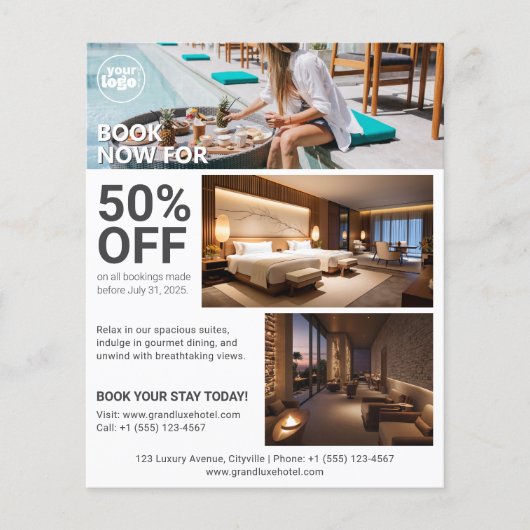 Minimale moderne schone promotionele hotelboeking flyer (Voorkant)