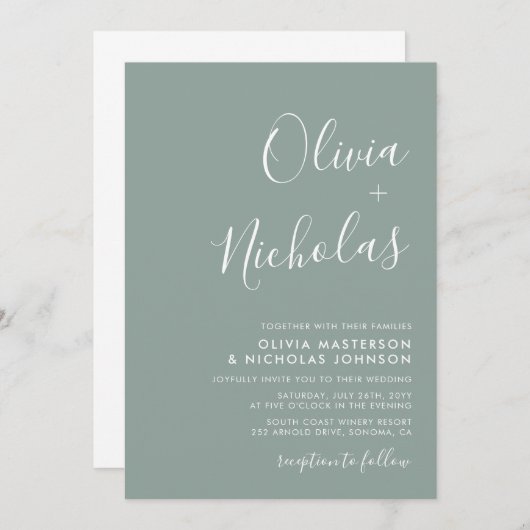 Minimale Moderne Script Monogram Sage Groene Bruil Kaart (Voorkant / Achterkant)
