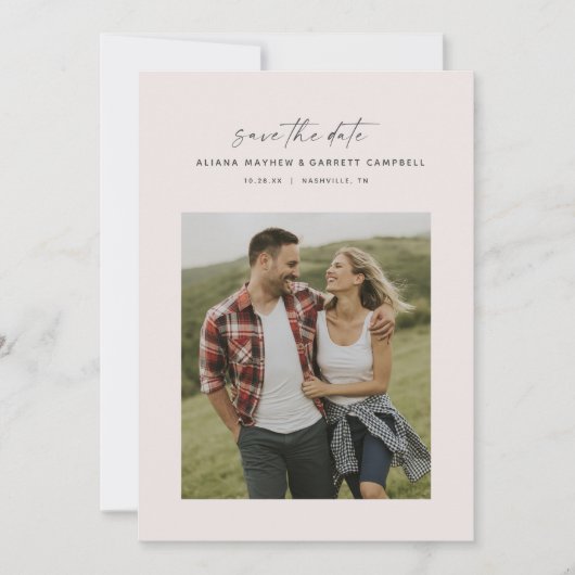 Minimale moderne script: wazig roze foto save the date (Voorkant)