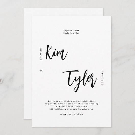 Minimale moderne script zwart-witbruiloft kaart (Voorkant / Achterkant)