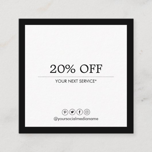 Minimale moderne sociale media Luxe B&W-korting Vierkante Visitekaartje (Voorkant)