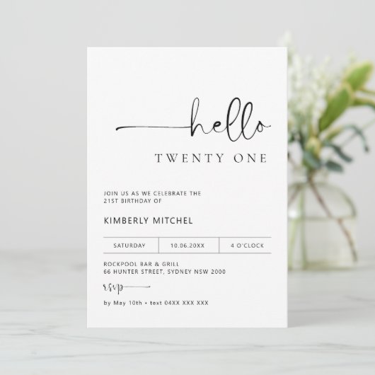 Minimale moderne uitnodiging van de 21ste verjaard (Staand voorkant)