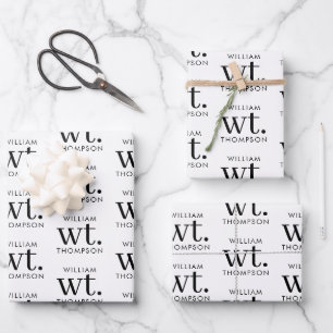 Minimale Moderne Zwart-wit Monogrammed Naam Inpakpapier Vel