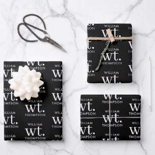 Minimale Moderne Zwart-wit Monogrammed Naam Inpakpapier Vel