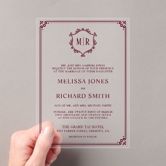 Minimale Monogram Crest Lijst Bourgondische bruilo Acryl Uitnodigingen (Insitu (Draagbaar))