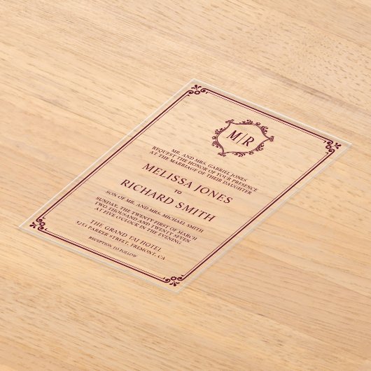 Minimale Monogram Crest Lijst Bourgondische bruilo Acryl Uitnodigingen (Laagn)