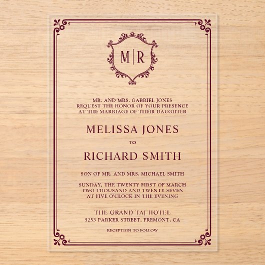 Minimale Monogram Crest Lijst Bourgondische bruilo Acryl Uitnodigingen (Voorkant)