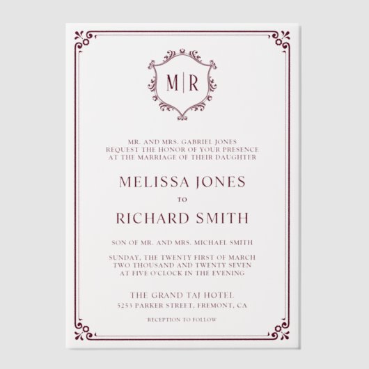 Minimale Monogram Crest Lijst Bourgondische bruilo Vellum Uitnodigingen (Voorkant)