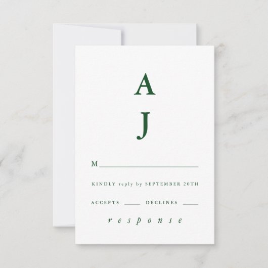Minimale Monogram Emerald Green Wedding RSVP Kaartje (Voorkant)