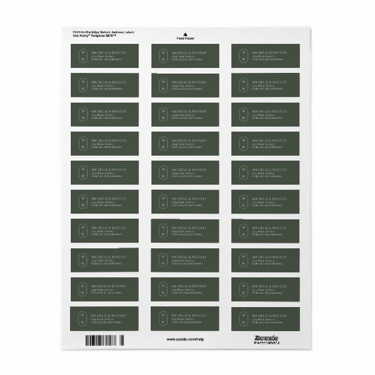Minimale Monogram Mos Groen Bruiloft Retouradres Etiket (Full Sheet)