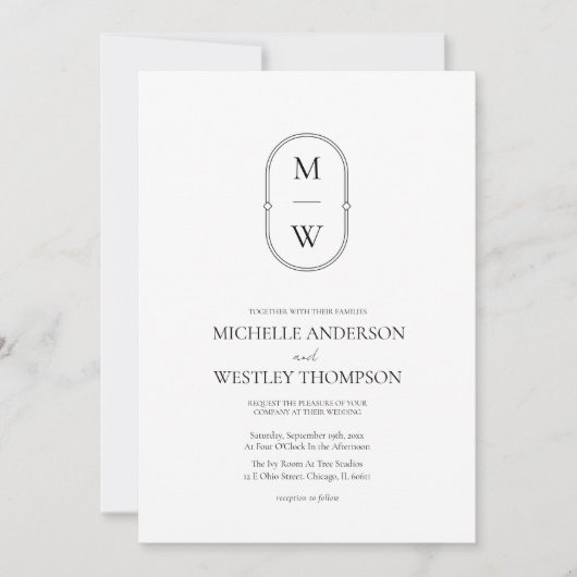Minimale Monogram Zwart-wit Alles in één bruiloft Kaart (Voorkant)