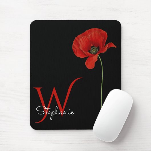 Minimale monogrammed Red Poppy op zwart Muismat (Met muis)