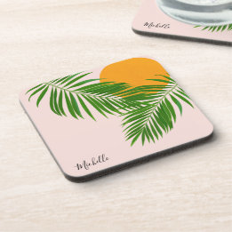 Minimale naam van de tropische zonnepalm Retro Tro Bier Onderzetter