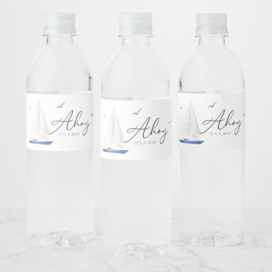 Minimale Nautical Sailboat Baby shower Ahoy Boy's Waterfles Etiket (Flessen)