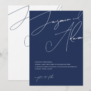 Minimale Navy Blauwe Script Typografie Trouwdag Kaart