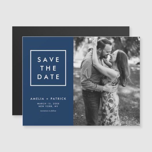 Minimale Navy Blue Photo Save the Date Magnetische Uitnodiging (Voorkant / Achterkant)