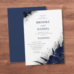 Minimale Navy Orchidee Zilveren Glitter Bruiloft Kaart