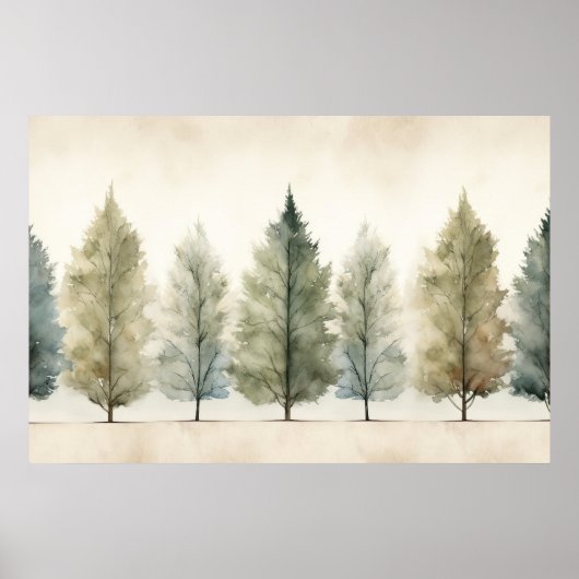 Minimale Neutral Waterverf Trees Wall Art Print (Voorkant)