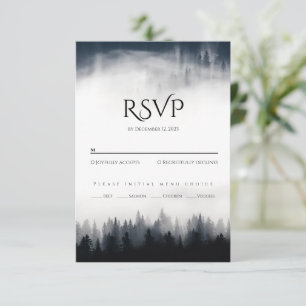 Minimale nevelige sparrenbos natuur bruiloft RSVP kaartje