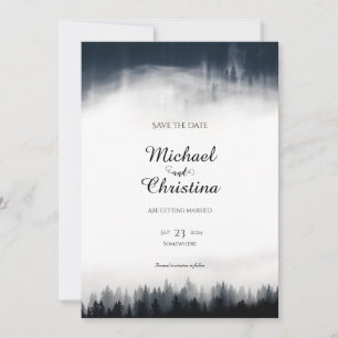 Minimale nevelige sparrenbos natuur bruiloft save the date