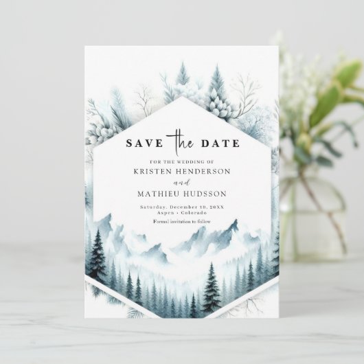 Minimale niet-foto berg bruiloft save the date (Staand voorkant)