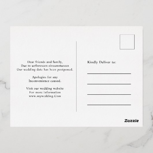 Minimale nieuwe plan bruiloft verandert de datum folie uitnodiging briefkaart (Achterkant)