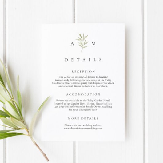 Minimale Olive Branch Wedding Details Informatiekaartje