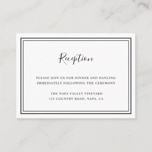 Minimale ontvangst van zwarte en witte bruiloft informatiekaartje (Voorkant)