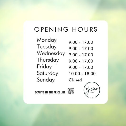 Minimale openingstijden Transparante Windows Cling Raamsticker (Vel 3)