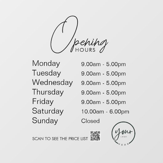 Minimale openingstijden Transparante Windows Cling Raamsticker (Vel)