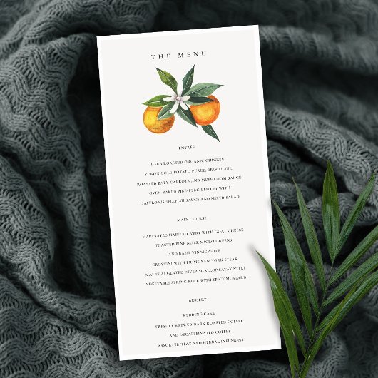 Minimale Oranje Boho Botanical Wedding Menu Kaart