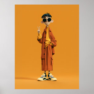 Minimale Oranje Esthetiek – Stijlvol 3D Karakter Poster