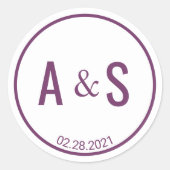 Minimale Paarse Witte Initialen Datum huwelijk Ronde Sticker (Voorkant)