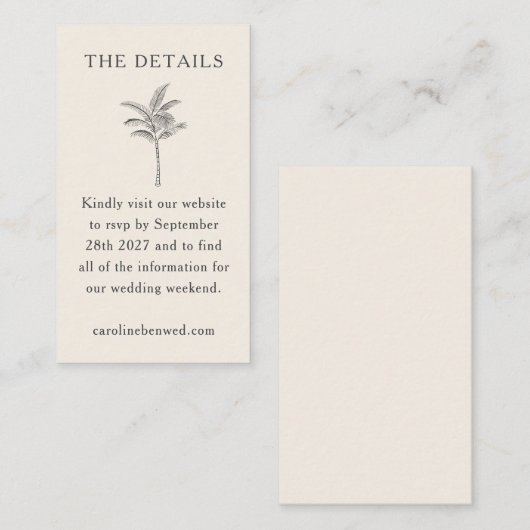 Minimale palmboomlijn Ecru art Elegant Wedding Informatiekaartje (Voorkant / Achterkant)