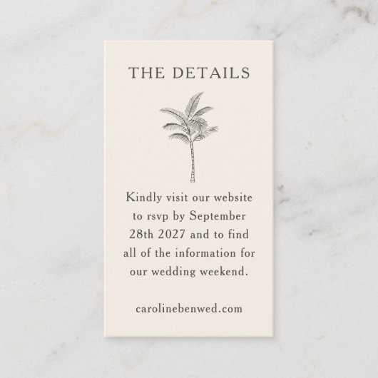 Minimale palmboomlijn Ecru art Elegant Wedding Informatiekaartje (Voorkant)