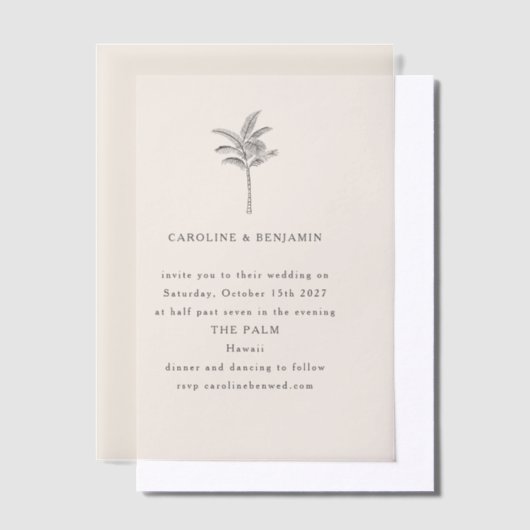 Minimale palmboomlijn Ecru art Elegant Wedding Vellum Uitnodigingen (Offset)