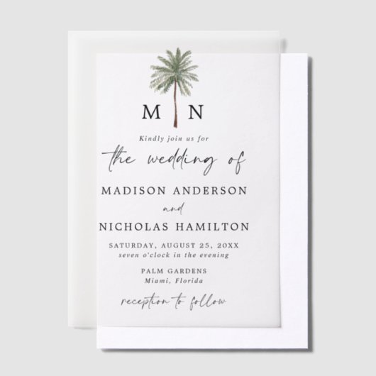 Minimale palmboommonogram bruiloft vellum uitnodigingen (Offset)