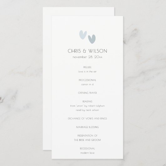 Minimale pasta Dusky Blue Hearts Wedding Programme Bedankkaart (Voorkant / Achterkant)