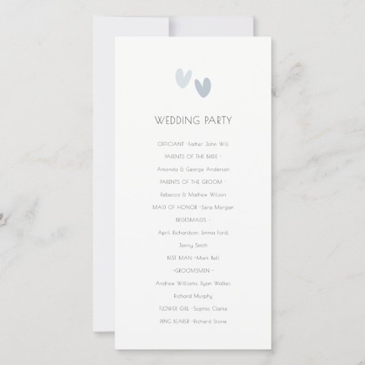 Minimale pasta Dusky Blue Hearts Wedding Programme Bedankkaart (Achterkant)