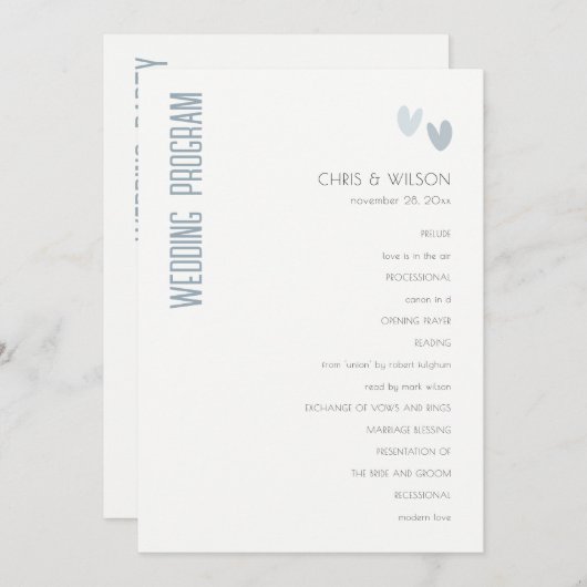Minimale pasta Dusky Blue Hearts Wedding Programme Kaart (Voorkant / Achterkant)