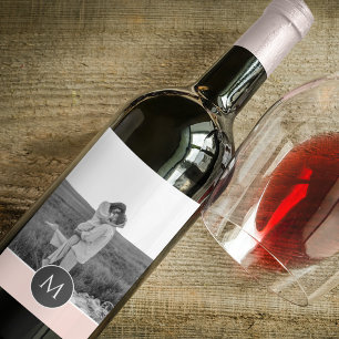 Minimale Pastel roze, persoonlijke naam & foto Wijn Etiket