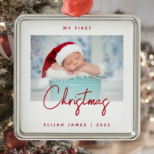 Minimale Photo Baby's Eerste Kerstrood script Metalen Ornament