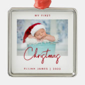 Minimale Photo Baby's Eerste Kerstrood script Metalen Ornament (Voorkant)
