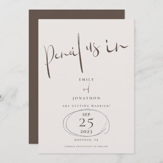 Minimale potlood in informeel script Cream Brown Save The Date (Voorkant / Achterkant)