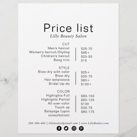 Minimale prijslijst voor elegante vormelijke schoo (Voorkant)