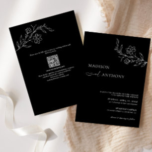 Minimale QR-code Black Floral Line Art Wedding Kaart