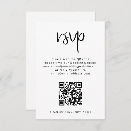 Minimale QR-code zwart withuwelijk RSVP Informatiekaartje (Voorkant / Achterkant)