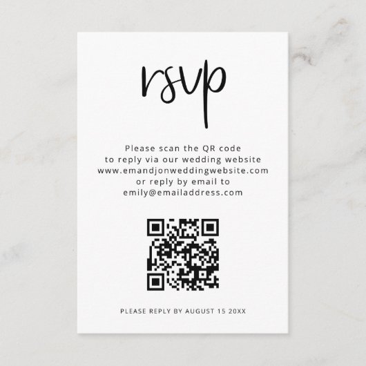 Minimale QR-code zwart withuwelijk RSVP Informatiekaartje (Voorkant)