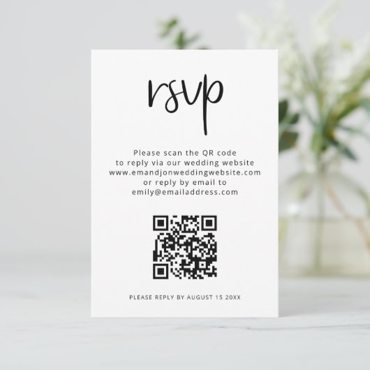 Minimale QR-code zwart withuwelijk RSVP Informatiekaartje (Staand voorkant)